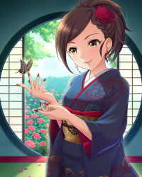 Rule 34 | 10s, 1girl, alternate costume, artist request, braid, brown eyes, brown hair, bug, butterfly, butterfly on hand, earrings, flower, hair flower, hair ornament, hyodo rena, idolmaster, idolmaster cinderella girls, bug, japanese clothes, jewelry, kimono, nail polish, official art, petals, ponytail, short hair, smile, solo, tree