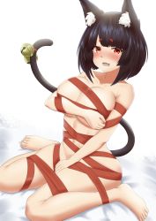Rule 34 | 1girl, animal ear fluff, animal ears, azur lane, barefoot, bed sheet, bell, black hair, blush, breasts, cat ears, cat tail, christmas, cleavage, commentary, covering privates, covering breasts, embarrassed, english commentary, fang, full body, highres, large breasts, looking at viewer, naked ribbon, navel, nev (nevblindarts), open mouth, ribbon, short hair, simple background, sitting, solo, tail, tail bell, tail ornament, thick eyebrows, wariza, wavy mouth, white background, yamashiro (azur lane)