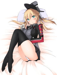 Rule 34 | 10s, 1girl, ass, bed, black thighhighs, blonde hair, blush, breasts, gloves, green eyes, hat, highres, kaminagi (kaminagi-tei), kantai collection, knees to chest, knees up, large breasts, legs together, long hair, looking at viewer, lying, on back, panties, pantyshot, pillow, pleated skirt, prinz eugen (kancolle), skirt, solo, thighhighs, thighs, twintails, underwear, uniform, white panties