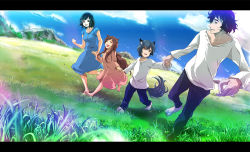 Rule 34 | 2boys, 2girls, 71, ame (ookami kodomo), animal ears, barefoot, black hair, blush, brown eyes, brown hair, cloud, day, dress, eye contact, closed eyes, family, father and daughter, father and son, grass, hana (ookami kodomo), holding hands, happy, letterboxed, long hair, looking at another, mother and daughter, mother and son, multiple boys, multiple girls, ookami kodomo no ame to yuki, ookami otoko, open mouth, running, short hair, sky, smile, tail, very long hair, wolf ears, yuki (ookami kodomo)