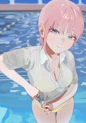 Rule 34 | 1girl, absurdres, asymmetrical hair, bikini, bikini visible through clothes, blue eyes, blurry, blurry background, breasts, collared shirt, go-toubun no hanayome, hair between eyes, highres, large breasts, looking at viewer, nakano ichika, pink hair, poolside, see-through, see-through shirt, shirt, short hair, smile, solo, swimsuit, tied shirt, wet, wet clothes, wet shirt, white shirt, yellow bikini, yu ni taro