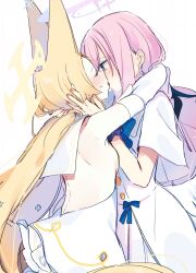 2girls animal_ears bare_back blonde_hair blue_archive breasts capelet closed_eyes dress french_kiss halo highres kiss long_hair looking_at_another mika_(blue_archive) multiple_girls pink_hair pink_halo seia_(blue_archive) sideboob small_breasts tail translation_request white_capelet white_dress white_wings wings yellow_halo yun_(dust-i1) yuri