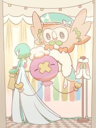 Rule 34 | 1other, bell, bird, bright pupils, closed eyes, closed mouth, clothes rack, commentary request, creatures (company), drifloon, game freak, gardevoir, gen 3 pokemon, gen 4 pokemon, gen 7 pokemon, green headwear, grey eyes, hat, highres, holding, indoors, mokukitusui, nintendo, owl, pokemon, pokemon (creature), rowlet, standing, unworn capelet, white pupils