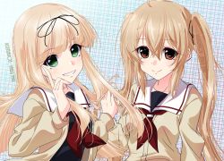 Rule 34 | 2girls, artist name, beige cardigan, blonde hair, brown eyes, cardigan, commentary request, green eyes, inaba shiki, kantai collection, light brown hair, long hair, looking at viewer, multiple girls, murasame (kancolle), neckerchief, plaid, plaid background, red neckerchief, sailor collar, school uniform, serafuku, twintails, upper body, white sailor collar, yuudachi (kancolle)