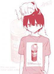 Rule 34 | 1boy, 1girl, absurdres, can, canned coffee, chibi, clothes writing, drink can, english text, engrish text, hair between eyes, hair ornament, hair over one eye, hair scrunchie, highres, ishikawa luna, mini person, minigirl, monochrome, nikki kyousuke, on head, ootori tatta, original, pleated skirt, ranguage, scrunchie, shirt, short sleeves, side ponytail, simple background, skirt, translation request, white background, | |