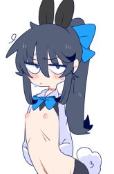 Rule 34 | 1boy, animal ears, arms behind back, black hair, blue bow, blue bowtie, blue eyes, blush, bow, bowtie, closed mouth, collared shirt, commentary, flat chest, hair bow, highres, long hair, looking at viewer, loose hair strand, male focus, navel, nipples, op na yarou, original, ponytail, rabbit ears, rabbit tail, shirt, simple background, solo, sweat, tail, trap, white background, white shirt, zense-kun (op na yarou)
