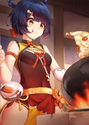 Rule 34 | 1girl, :q, arm garter, blue hair, breasts, commentary request, cooking, covered navel, fire, food, frying pan, genshin impact, hair ornament, hair ribbon, hair rings, hairclip, highres, holding, holding ladle, ladle, medium breasts, omelet, red ribbon, ribbon, short hair, solo, sora (men0105), tongue, tongue out, xiangling (genshin impact), yellow eyes