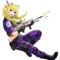 Rule 34 | 1girl, :d, animal ears, assault rifle, belt, black belt, black footwear, black gloves, blonde hair, blush, boots, braid, character request, copyright request, cropped jacket, cross-laced footwear, finger on trigger, from side, full body, gloves, green eyes, gun, handgun, holding, holding gun, holding weapon, holster, holstered, horns, jacket, long hair, open mouth, pants, pistol, pouch, purple jacket, purple pants, rainbow six siege, rifle, shu-mai, simple background, smile, solo, swastika, twin braids, walkie-talkie, weapon, white background