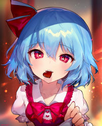 Rule 34 | 1girl, ainy, blue hair, blurry, blurry background, blush, bow, bowtie, candy, chocolate, chocolate heart, collarbone, commentary request, dress, food, food in mouth, frilled shirt collar, frills, hair between eyes, hair ribbon, heart, highres, looking at viewer, mouth hold, no headwear, parted lips, puffy short sleeves, puffy sleeves, red bow, red bowtie, red eyes, red ribbon, remilia scarlet, ribbon, short hair, short sleeves, solo, touhou, upper body, valentine, white dress