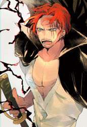 Rule 34 | 1boy, bearkumachan, black coat, buttons, coat, energy, highres, holding, holding sword, holding weapon, male focus, one piece, open mouth, pectoral cleavage, pectorals, red hair, scar, scar across eye, shanks (one piece), shirt, solo, sparse stubble, sword, teeth, weapon, white eyes, white shirt
