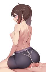 Rule 34 | 1boy, 1girl, absurdres, ahoge, ass, back, bike shorts, black shorts, blue eyes, blush, breasts, brown hair, buttjob, buttjob over clothes, closed mouth, commission, cum, cum on ass, cum on body, cum on penis, female commander (girls&#039; frontline), girls&#039; frontline, grinding, hetero, highres, looking back, multicolored hair, nekobao, nipples, original, penis, shorts, side ponytail, sitting, sitting on person, small breasts, streaked hair, tongue, tongue out, uncensored