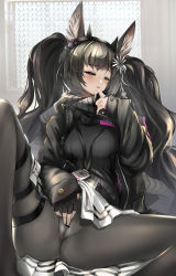Rule 34 | 1girl, absurdres, animal ear fluff, animal ears, arknights, bar censor, belt, black gloves, black hairband, black jacket, black pantyhose, black scarf, black sweater, blush, censored, clitoral stimulation, closed eyes, clothes lift, covered anus, extra ears, feet out of frame, female masturbation, fingerless gloves, flower, gloves, hair flower, hair ornament, hairband, highres, id card, indoors, jacket, lifting own clothes, long hair, long sleeves, masturbation, masturbation through clothes, miniskirt, monch (arknights), mosaic censoring, no panties, nopetroto, open clothes, open jacket, pantyhose, parted lips, pussy, pussy juice, reclining, resolution mismatch, scarf, skirt, skirt lift, sleeves past wrists, solo, source smaller, spread legs, steaming body, sweater, thigh strap, twintails, unzipped, very long hair, wet, wet clothes, white flower, white skirt