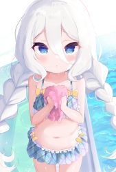 Rule 34 | 1girl, :o, absurdres, bad id, bad pixiv id, bare arms, bare shoulders, bikini, bikini skirt, blue bikini, blue eyes, blush, braid, collarbone, commentary request, cowboy shot, frilled bikini, frills, hair between eyes, highres, kokkoro (princess connect!), kokkoro (real) (princess connect!), long hair, looking at viewer, low twintails, natsume kokkoro (princess connect!), navel, parted lips, plaid, plaid bikini, princess connect!, silver hair, solo, standing, swimsuit, twin braids, twintails, very long hair, water, yinpa (wanone500511)