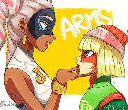 Rule 34 | 2girls, arms (game), beanie, blonde hair, chinese clothes, dark-skinned female, dark skin, drill hair, grabbing another&#039;s chin, green eyes, hand on another&#039;s chin, hat, kuruto., long hair, mask, min min (arms), multiple girls, nail polish, short hair, smile, twin drills, twintelle (arms), white hair
