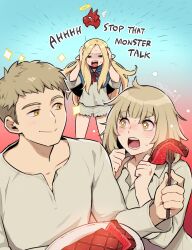 Rule 34 | 1boy, 1girl, 2girls, = =, annoyed, blonde hair, blue background, blue capelet, brother and sister, capelet, closed mouth, collared shirt, commentary, dragon, dungeon meshi, elf, emphasis lines, english commentary, english text, excited, eye contact, falin touden, food, fork, gradient background, grey shirt, hair down, halo, hands up, highres, holding, holding fork, hood, hood down, hooded capelet, laios touden, long hair, long sleeves, looking at another, marcille donato, meat, multiple girls, parted bangs, plate, pointy ears, red background, shirt, short hair, shorts, siblings, smug, standing, sweat, tears, twitter username, two-tone background, western dragon, wings, wooni, yellow eyes