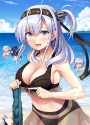 Rule 34 | 4girls, :d, alternate costume, anchor symbol, bad id, bad twitter id, bare shoulders, beach, bikini, black bikini, black hair, blue eyes, blue ribbon, blue sky, blush, bottomless, breasts, brown eyes, clothes writing, collarbone, commentary request, cowboy shot, day, hachimaki, hair between eyes, hair ornament, hair ribbon, hairclip, hamakaze (kancolle), hatsushimo (kancolle), headband, highres, holding, ichikawa feesu, kantai collection, kasumi (kancolle), large breasts, long hair, looking at viewer, multiple girls, navel, ocean, one side up, open mouth, outdoors, pointing, ribbon, side ponytail, sidelocks, silver hair, sky, smile, stomach, suzutsuki (kancolle), swimsuit, unworn bikini, unworn swimsuit