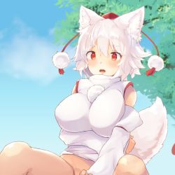 Rule 34 | 1girl, animal ears, arm under breasts, bare shoulders, blush, bottomless, breasts, day, detached sleeves, embarrassed, hat, inubashiri momiji, large breasts, nature, nekoha, open mouth, outdoors, pom pom (clothes), red eyes, ribbon-trimmed sleeves, ribbon trim, shirt, short hair, silver hair, sleeveless, sleeveless shirt, solo, tail, tokin hat, touhou, tree, turtleneck, white shirt, wide sleeves, wolf ears, wolf tail