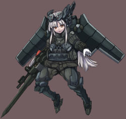 Rule 34 | bad id, bad pixiv id, gloves, gun, load bearing vest, long hair, mecha musume, military, original, sigama, solo, vest, weapon, white hair, wings, yellow eyes