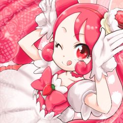 Rule 34 | 10s, 1girl, ;q, animal ears, bow, cake hair ornament, choker, cure whip, dress, food-themed hair ornament, gloves, hair ornament, kirakira precure a la mode, long hair, looking at viewer, magical girl, one eye closed, pink bow, pink hair, pink neckwear, precure, puffy sleeves, rabbit ears, rabbit pose, red eyes, smile, solo, suzushiro seri, tongue, tongue out, twintails, upper body, usami ichika, white dress, white gloves