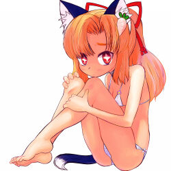 Rule 34 | 1girl, animal ear fluff, animal ears, bare arms, bare legs, bare shoulders, barefoot, bikini, blonde hair, blue tail, breasts, bright pupils, cat ears, cat girl, cat tail, cleavage, closed mouth, cross-shaped pupils, fingernails, flower, furrowed brow, futaba channel, hair intakes, hair ornament, hair ribbon, hand on own knee, hand on own leg, highres, long hair, looking at viewer, multicolored tail, nijiura maids, pink flower, ponytail, radish, red eyes, red ribbon, ribbon, simple background, sitting, small breasts, solo, swimsuit, symbol-shaped pupils, tail, tensai (nijiura maids), tsukiyono aroe, turnip, white background, white bikini, white flower, white pupils, white tail