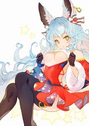Rule 34 | 1girl, animal ears, ass, bare shoulders, blue hair, boots, bow, breasts, clothing cutout, detached sleeves, ear ribbon, earrings, ferry (granblue fantasy), fur trim, gloves, granblue fantasy, jewelry, long hair, looking at viewer, medium breasts, nido celisius, simple background, skirt, smile, solo, star (symbol), star print, thigh boots, thighhighs, underboob, underboob cutout, wavy hair, white background, yellow eyes