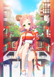 Rule 34 | 1girl, absurdres, animal ears, asymmetrical sleeves, blade &amp; soul, blue sky, blush, braid, character request, closed mouth, cloud, day, dress, forehead, green eyes, groin, hand up, head tilt, highres, long sleeves, looking at viewer, mountain, outdoors, parted bangs, pelvic curtain, pink hair, shoes, single sleeve, sitting, sky, solo, strapless, strapless dress, tp (kido 94), uneven sleeves, white dress
