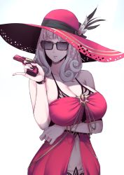 Rule 34 | 1girl, arm under breasts, breast hold, breasts, carmilla (fate), carmilla (swimsuit rider) (fate), carmilla (swimsuit rider) (first ascension) (fate), cleavage, curly hair, dress, fate/grand order, fate (series), gun, hand up, handgun, hat, highres, large breasts, looking at viewer, nakamura regura, navel, parted lips, pistol, red hat, silver hair, simple background, solo, sunglasses, tinted eyewear, weapon, white background, yellow eyes