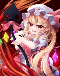 Rule 34 | 1girl, :d, absurdres, ascot, blonde hair, blush, bow, crystal, fang, fangs, flandre scarlet, frilled shirt collar, frills, hair between eyes, hat, hat ribbon, highres, holding, holding polearm, holding weapon, laevatein (touhou), long hair, looking at viewer, mob cap, one side up, open mouth, pointy ears, polearm, puffy short sleeves, puffy sleeves, red eyes, red ribbon, red skirt, red vest, ribbon, s vileblood, shirt, short sleeves, skin fangs, skirt, smile, solo, touhou, vest, weapon, white hat, white shirt, wings