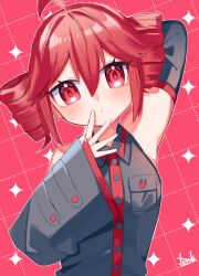 Rule 34 | 1girl, :o, ahoge, arm behind head, arm up, black shirt, black sleeves, blush, buttons, detached sleeves, double-parted bangs, drill hair, hair between eyes, hand up, kasane teto, long sleeves, looking at viewer, pocket, red eyes, red hair, shirt, signature, sleeveless, solo, star (symbol), twin drills, upper body, utau, yuusuke-kun