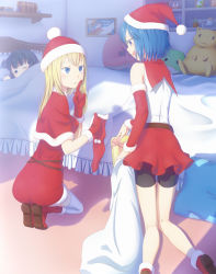 Rule 34 | 3girls, :d, bed, bedroom, bike shorts, black hair, blonde hair, blue hair, book, box, breasts, cactus, capelet, christmas, cushion, detached sleeves, finger to mouth, fur trim, gift, gift box, gloves, hat, holding, holding gift, indoors, kneeling, kneepits, long hair, long sleeves, looking at another, lying, medium breasts, merry christmas, multiple girls, night, one eye closed, open mouth, original, parted lips, plant, potted plant, profile, purple eyes, red footwear, red gloves, red skirt, sack, santa costume, santa hat, shelf, shoes, skirt, smile, stuffed animal, stuffed toy, thighhighs, treasure chest, uma (uma1111), under covers
