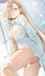 Rule 34 | 1girl, ass, asuna (blue archive), blue archive, blue eyes, blue halo, breasts, grin, hair over one eye, halo, haruri, highres, large breasts, light brown hair, long hair, long sleeves, looking at viewer, mole, mole on breast, shirt, smile, solo, thighs, tile wall, tiles, wet, wet clothes, wet shirt, white shirt