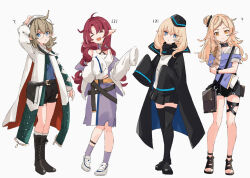 Rule 34 | 4girls, :d, ?, antenna hair, arknights, bag, bandaged arm, bandages, bare shoulders, belt, belt buckle, black choker, black footwear, black headwear, black shorts, black thighhighs, blonde hair, blue eyes, book, boots, brown hair, buckle, cape, character request, choker, closed eyes, coat, croque diamondface (arknights), cross-laced footwear, deculture silvermint (arknights), durin (arknights), earrings, facing viewer, full body, hair bun, hand on own cheek, hand on own face, harami (hara 333), hat, height, jewelry, knee boots, kneehighs, lace-up boots, loafers, long hair, long sleeves, looking at viewer, medium skirt, miniskirt, multiple girls, myrtle (arknights), navel, open clothes, open coat, open mouth, orange eyes, parted bangs, parted lips, pointy ears, purple skirt, purple socks, red hair, sandals, shirt, shoes, short hair, shorts, shoulder bag, simple background, single hair bun, single side bun, skirt, sleeves past fingers, sleeves past wrists, smile, sneakers, socks, standing, swept bangs, tank top, thigh strap, thighhighs, trait connection, very long hair, white background, white cape, white coat, white footwear, white headwear, white shirt, white socks, zettai ryouiki