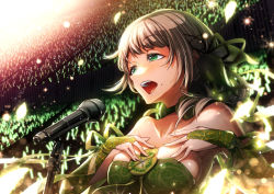 Rule 34 | 1girl, alternate costume, bare shoulders, blush, breasts, bridal gauntlets, brown hair, choker, clover, cluseller, collarbone, commentary, dress, english commentary, four-leaf clover, gloves, glowstick, green choker, green dress, green eyes, green gloves, green ribbon, green theme, hair ornament, hair ribbon, half-closed eyes, hands on own chest, hands up, hinamizawa kurumi, light blush, light particles, long hair, medium breasts, microphone, mole, mole under mouth, music, open mouth, petals, pygmalion. (group), ribbon, shiny skin, side ponytail, singing, skindentation, solo, sparkle, stadium, strapless, strapless dress, teeth, tongue, upper body, virtual youtuber, x hair ornament