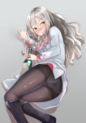 Rule 34 | 10s, 1girl, :d, ass, black footwear, black pantyhose, blush, boots, bottle, breasts, brown eyes, coat, comah, cork, drunk, grey background, grey hair, hair between eyes, holding, kantai collection, knees together feet apart, long hair, long sleeves, looking at viewer, lying, medium breasts, no headwear, no pants, on side, open mouth, panties, panties under pantyhose, pantyhose, pink scarf, pola (kancolle), ringlets, scarf, shiny clothes, smile, solo, spill, stained clothes, thighband pantyhose, underwear, wavy hair, wavy mouth, white coat, wine bottle, yellow eyes