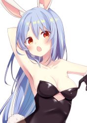 Rule 34 | 1girl, alternate hairstyle, amagasa nadame, animal ear fluff, animal ears, arm up, armpits, bare shoulders, black gloves, black leotard, black pantyhose, blue hair, blush, breasts, cleavage, collarbone, commentary, gloves, hair between eyes, hair down, highres, hololive, leotard, leotard tug, light blue hair, long hair, looking at viewer, medium breasts, multicolored hair, open mouth, pantyhose, partially undressed, playboy bunny, rabbit ears, rabbit girl, rabbit tail, red eyes, simple background, sleeveless, solo, streaked hair, tail, thick eyebrows, two-tone hair, upper body, usada pekora, usada pekora (1st costume), virtual youtuber, white background, white hair