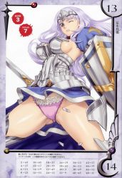 Rule 34 | 00s, 10s, 1girl, annelotte, annelotte (queen's blade), armor, armored dress, blue eyes, breasts, eiwa, elbow gloves, gloves, highres, knight princess annelotte, large breasts, long hair, one eye closed, panties, purple hair, purple panties, queen&#039;s blade, queen&#039;s blade rebellion, shield, sideboob, solo, sword, thighhighs, tiara, underwear, wardrobe malfunction, weapon, wink