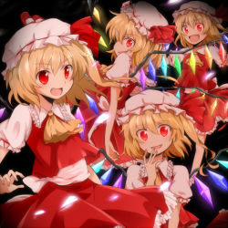 Rule 34 | 4girls, ascot, bad id, bad nicoseiga id, black background, blonde hair, clone, fang, flandre scarlet, four of a kind (touhou), hand to own mouth, hat, hat ribbon, lowres, mary janes, multiple girls, nimomo, open mouth, red eyes, ribbon, shoes, short hair, side ponytail, simple background, skirt, skirt set, smile, touhou, wings