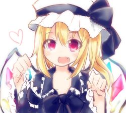 Rule 34 | 1girl, alternate color, alternate costume, backlighting, blonde hair, blue bow, blue bowtie, bow, bowtie, collarbone, collared shirt, crystal, fang, flandre scarlet, frilled shirt collar, frills, hair between eyes, happy, hat, heart, highres, looking at viewer, medium hair, mob cap, multicolored wings, one side up, open mouth, paw pose, red eyes, shirt, simple background, solo, teeth, tosura-ayato, touhou, upper body, upper teeth only, white background, white hat, wings