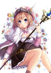 Rule 34 | 1girl, absurdres, atelier (series), atelier rorona, belt, blue eyes, blush, breasts, brown hair, brown skirt, cleavage, female focus, floral background, frilled skirt, frills, hat, highres, kawaii2penguin, looking at viewer, rororina fryxell, shawl, short hair, skirt, smile, solo, staff