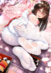 Rule 34 | 1girl, alcohol, ass, bare shoulders, blush, breasts, brown hair, cameltoe, cherry blossoms, cleft of venus, commentary request, covered erect nipples, elbow gloves, feet, food, full body, gloves, green eyes, hair between eyes, hair ornament, hairclip, highres, impossible clothes, japanese clothes, large breasts, long hair, looking at viewer, miko, naughty face, nekoda (maoda), nipples, no bra, no shoes, nose blush, open mouth, original, panties, pantyhose, pleated skirt, pouring, pouring onto self, raised eyebrows, revision, ribbon-trimmed gloves, ribbon trim, sake, see-through, skirt, soles, solo, sushi, toes, tokkuri, underwear, wet, wet clothes, white gloves, white panties, white pantyhose