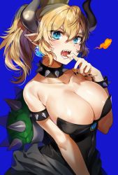 Rule 34 | 1girl, areola slip, bare shoulders, blonde hair, blue background, blue eyes, blush, bowsette, breasts, cleavage, collar, collarbone, crown, dress, finger to mouth, fire, gijang, horns, large breasts, looking at viewer, mario (series), new super mario bros. u deluxe, nintendo, nipple slip, nipples, open mouth, pointy ears, sharp teeth, shell, shiny skin, shoulder spikes, simple background, spiked collar, spikes, super crown, teeth, upper body
