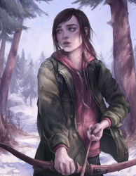 Rule 34 | 1girl, arrow (projectile), artist name, astri lohne sjursen, bags under eyes, bird, bow (weapon), brown hair, clothes writing, coat, day, drawing bow, ellie (the last of us), forest, green eyes, highres, holding, holding bow (weapon), holding weapon, hood, hoodie, long hair, long sleeves, nature, open clothes, open coat, outdoors, parted lips, realistic, snow, solo, swept bangs, the last of us, the last of us (series), tree, weapon