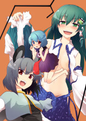 Rule 34 | 3girls, :d, adapted costume, animal ears, areola slip, bad id, bad pixiv id, bar censor, blue eyes, blue hair, breasts, breasts apart, censored, chipa (arutana), commentary request, convenient censoring, detached sleeves, drooling, frog hair ornament, green eyes, green hair, grey hair, groin, hair ornament, hasunoue keroppi, heterochromia, highres, identity censor, kero kero keroppi, kochiya sanae, long hair, mouse ears, multiple girls, nazrin, no bra, no panties, open clothes, open mouth, open shirt, red eyes, revision, saliva, sanrio, shirt, short hair, small breasts, smile, snake, tatara kogasa, tears, tongue, touhou