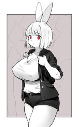 Rule 34 | 1girl, :o, albino, animal ear fluff, animal ears, animal nose, backpack, bag, belt, belt buckle, black bag, black belt, black jacket, black shorts, blunt bangs, blunt ends, blush, bob cut, body fur, border, breasts, buckle, cleavage, collarbone, covered erect nipples, cowboy shot, crosshatching, curvy, eyes visible through hair, from side, furry, furry female, geso smith, grey background, hands up, hatching (texture), highres, holding strap, huge breasts, jacket, long sleeves, looking at viewer, looking to the side, monochrome background, open clothes, open jacket, original, outdoors, outside border, parted lips, people, rabbit ears, rabbit girl, red eyes, shirt, shirt tucked in, short hair, short shorts, shorts, sleeves pushed up, solo focus, t-shirt, thick thighs, thighs, walking, white border, white fur, white hair, white shirt