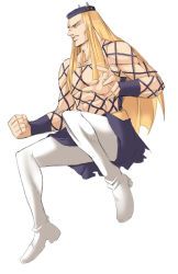 Rule 34 | 1boy, armband, blonde hair, fishnet top, fishnets, full body, hat, jojo no kimyou na bouken, long hair, male focus, ment, muscular, narciso anasui, sarong, shoes, simple background, solo, spikes, stone ocean, white footwear
