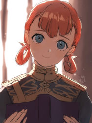 Rule 34 | 1girl, annette fantine dominic, blue eyes, book, closed mouth, fire emblem, fire emblem: three houses, garreg mach monastery uniform, hair rings, holding, holding book, mayo (becky2006), nintendo, open book, orange hair, signature, solo, twintails, uniform, upper body