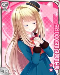 Rule 34 | 1girl, blonde hair, blue eyes, bow, card, character name, chloe lemaire, closed mouth, dress, closed eyes, girlfriend (kari), green dress, hat, long hair, official art, pink background, qp:flapper, red bow, smile, solo, tagme