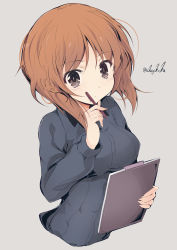 Rule 34 | 1girl, absurdres, bad id, bad twitter id, brown eyes, brown hair, clipboard, closed mouth, commentary request, cropped torso, dress shirt, girls und panzer, grey shirt, highres, holding, holding clipboard, holding pen, kuromorimine school uniform, long sleeves, looking at viewer, nishizumi miho, pen, school uniform, shirt, short hair, simple background, solo, twitter username, upper body, wing collar