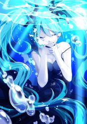 Rule 34 | 1girl, air bubble, aqua hair, asphyxiation, breath, bubble, blowing bubbles, drowning, hatsune miku, highres, long hair, open mouth, pale skin, pecchii, shinkai shoujo (vocaloid), solo, twintails, underwater, very long hair, vocaloid