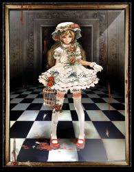 Rule 34 | 1girl, bad id, bad pixiv id, blonde hair, blood, blue eyes, cage, dress, flower, frills, gloves, gothic lolita, lolita fashion, long hair, mary janes, red lady, rose, shoes, solo, thighhighs